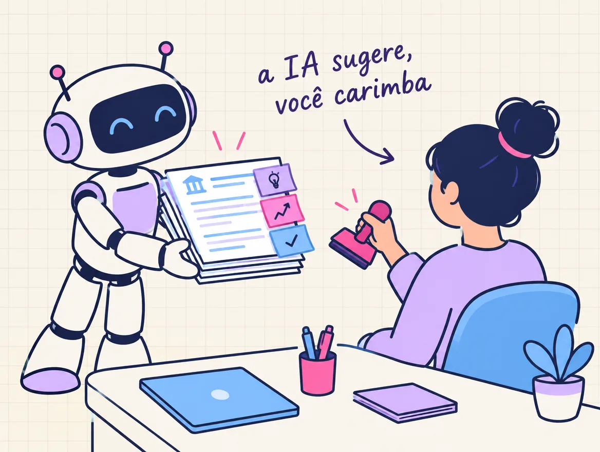 Robô entrega lançamentos com bilhetes de sugestão para a pessoa do financeiro, que segura o carimbo de aprovado
