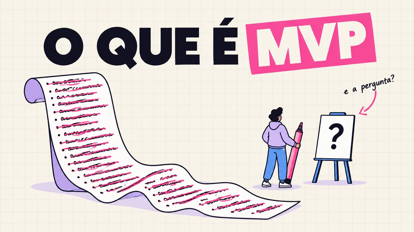 Lista enorme de funcionalidades quase toda riscada ao lado de um cartão com interrogação: o MVP começa pela pergunta