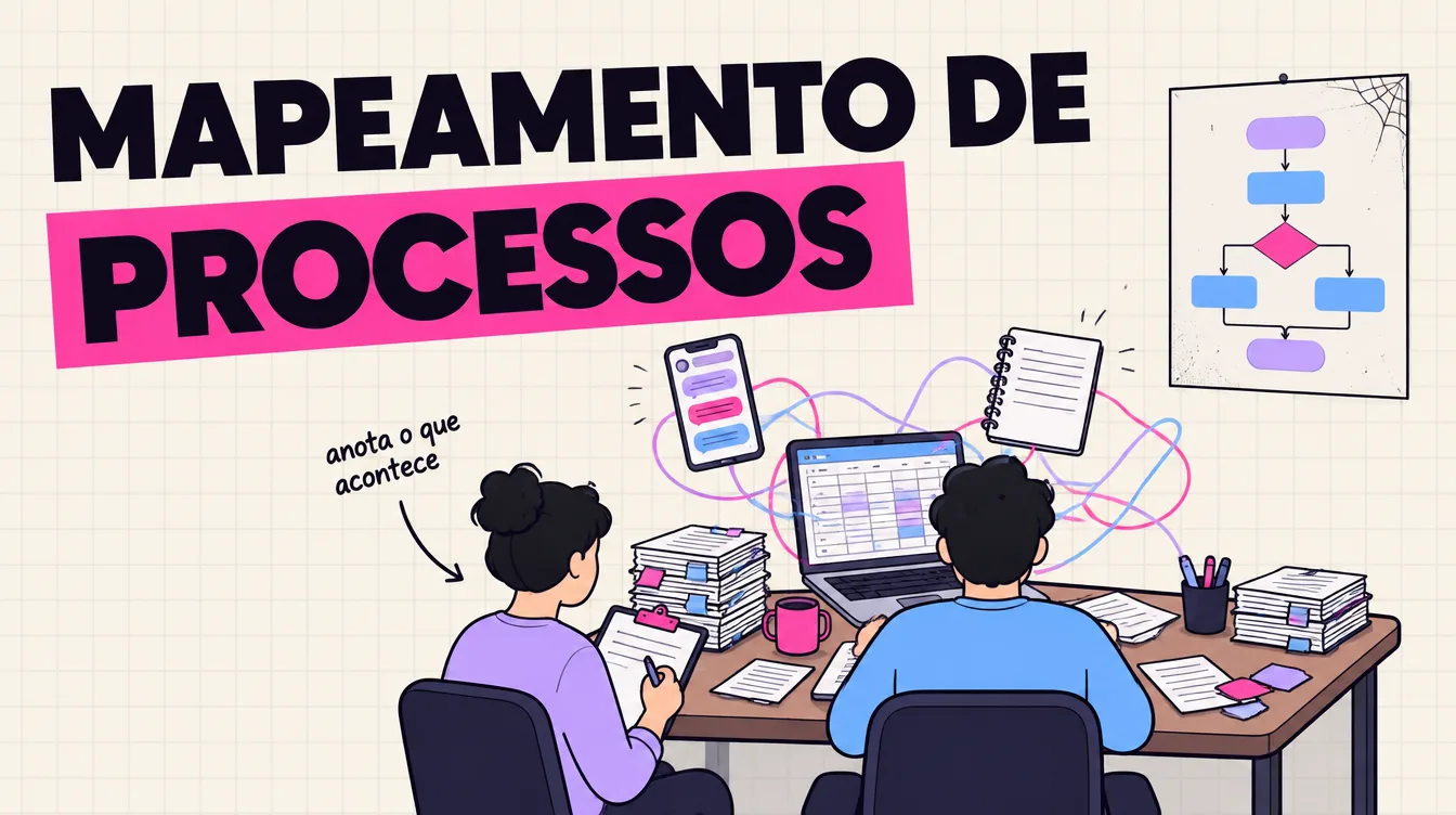 Pessoa de prancheta ao lado de quem trabalha, entre balões de mensagem e planilha, com um fluxograma esquecido na parede