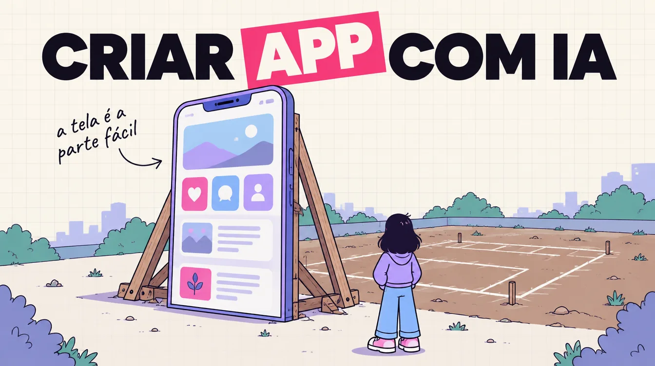 Fachada de app gigante escorada por vigas de madeira, com terreno vazio atrás onde ficariam login, pagamento e dados
