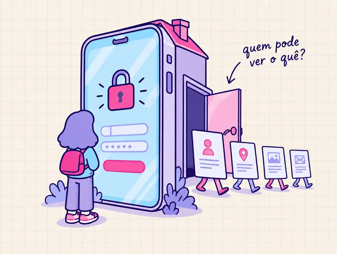 Celular gigante com um app aberto e a porta dos fundos destrancada, por onde fichas de dados saem andando