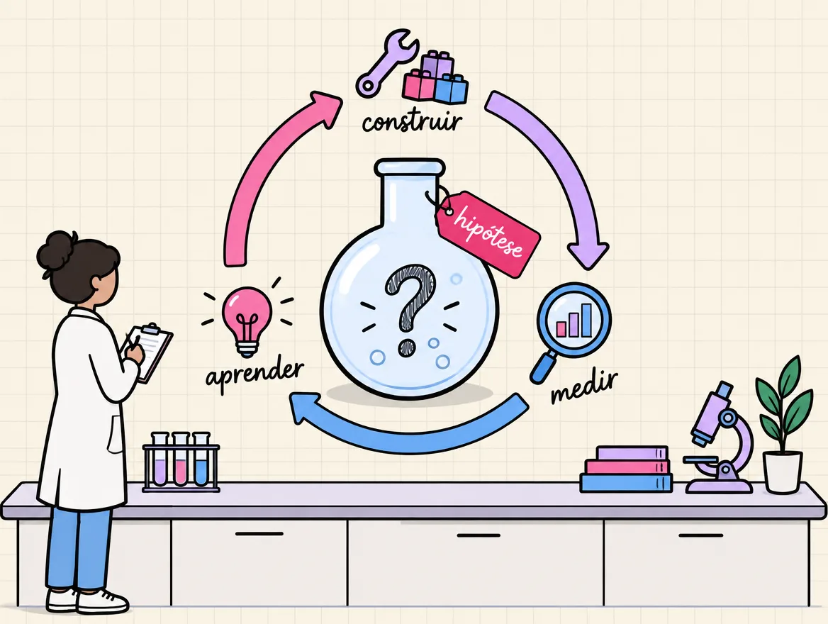 Ciclo de três setas, construir, medir e aprender, em volta de um frasco de laboratório com a etiqueta hipótese