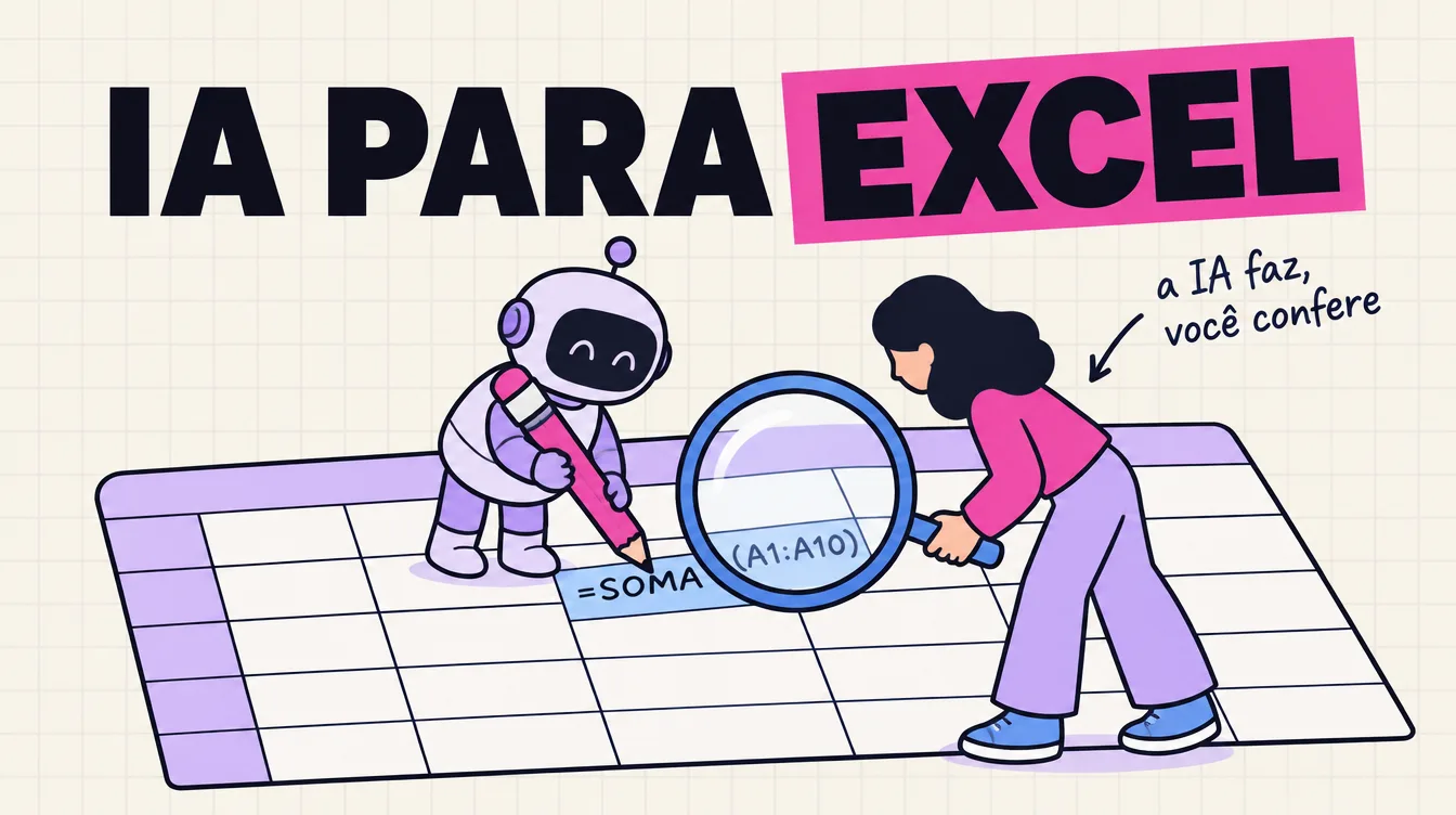 Robô escreve uma fórmula numa planilha gigante enquanto uma pessoa confere a célula com uma lupa