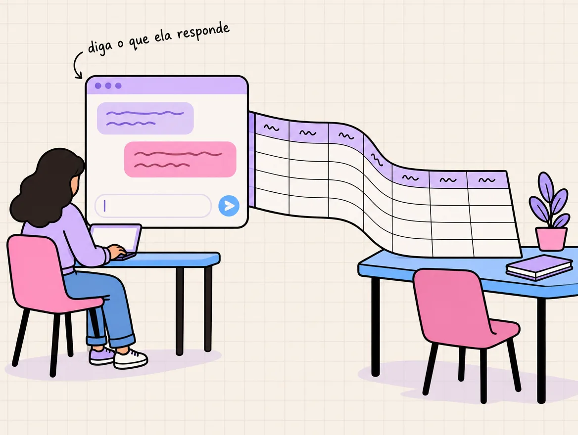 Pessoa escreve numa janela de conversa e dela sai uma planilha nova, desenrolando até a mesa ao lado