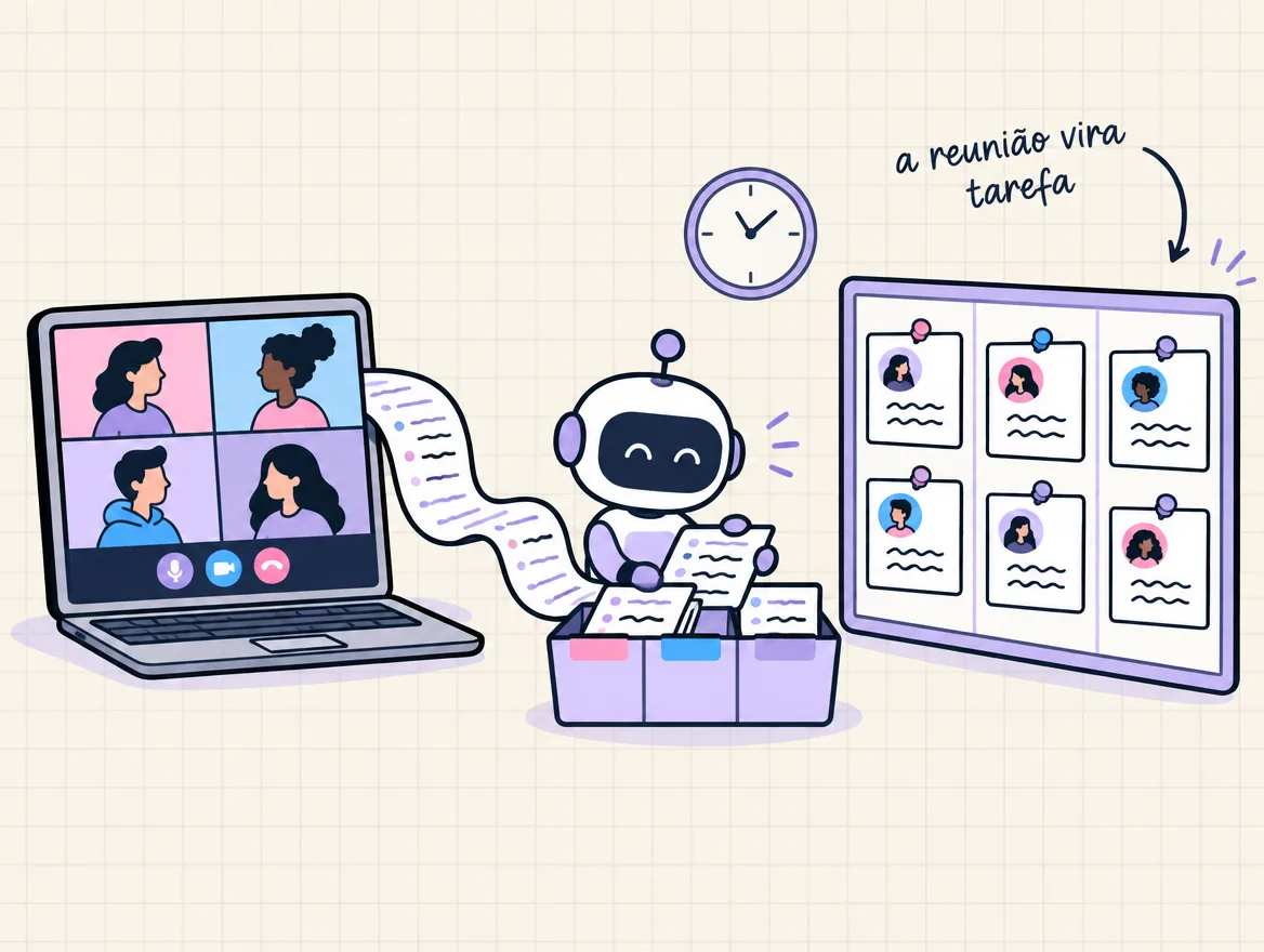 Reunião em vídeo vira uma fita de transcrição que o robô organiza em cartões de tarefa num quadro, cada um com um dono
