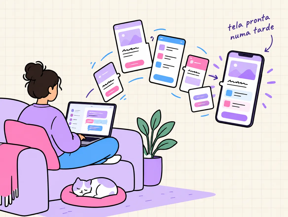 Pessoa no sofá conversa com a IA no notebook e as telas de um app saem voando e se encaixam num celular pronto