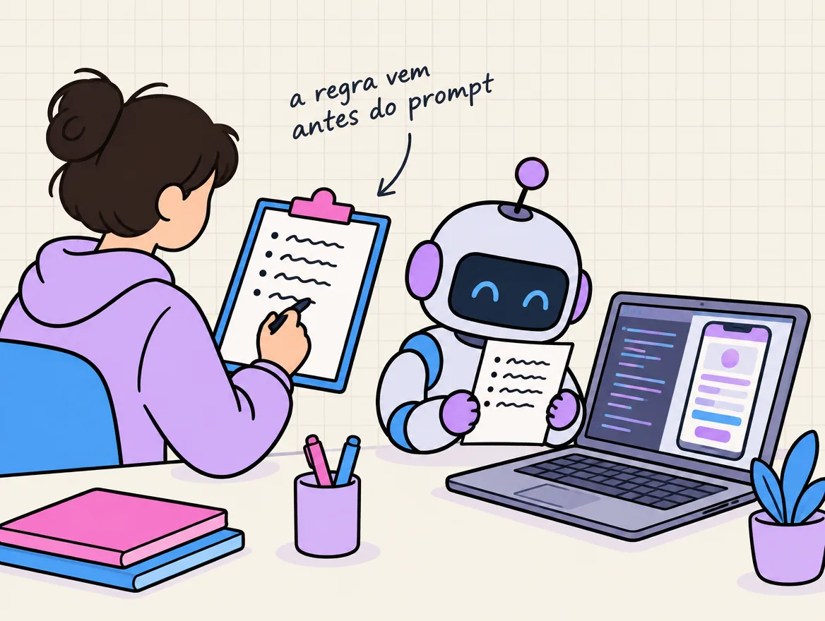 Pessoa escreve uma página de regras e o robô lê a mesma página antes de digitar o app no notebook