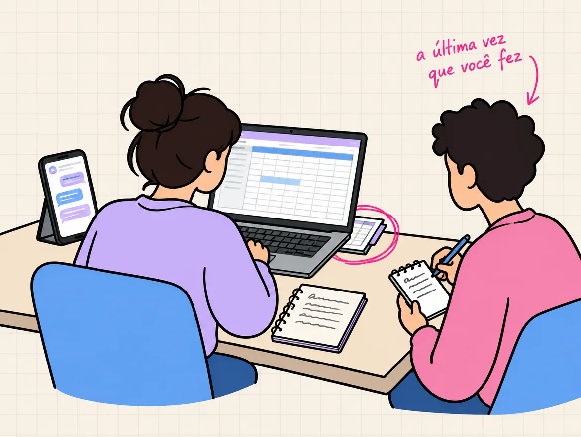 Uma pessoa trabalha com celular, planilha e caderno; outra, ao lado, observa e anota a aba esquecida
