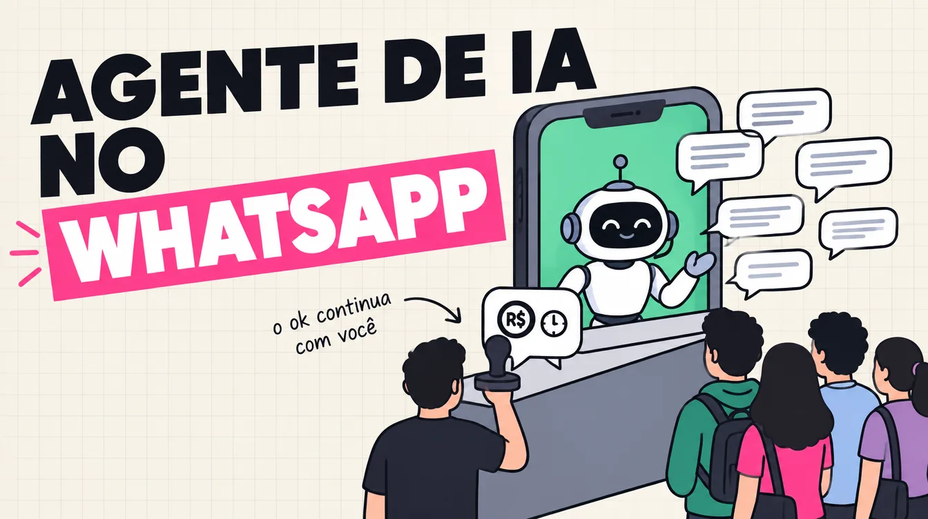 Robozinho responde balões de conversa num celular gigante, mas o balão do desconto espera o carimbo de ok de uma pessoa