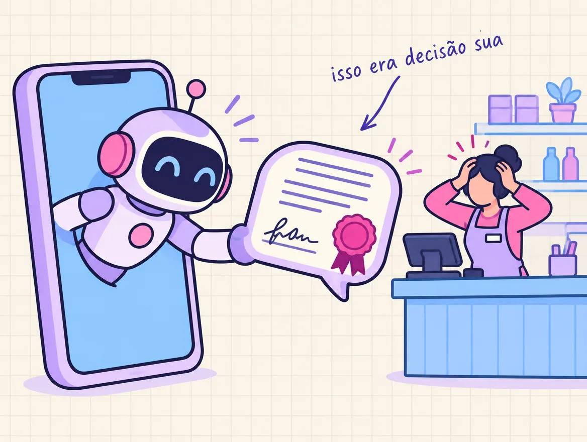 Robozinho entrega ao cliente um balão em forma de contrato assinado; atrás, a pessoa do caixa leva as mãos à cabeça