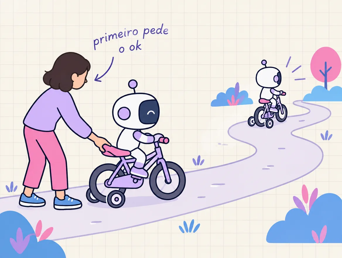 Robozinho numa bicicleta com rodinhas: no começo, uma pessoa segura o banco; mais adiante, ele segue sozinho