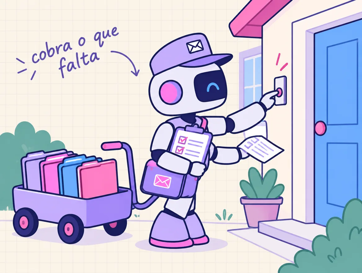 Robô carteiro toca a campainha do cliente com a lista do que falta, com pastas separadas por cliente atrás dele
