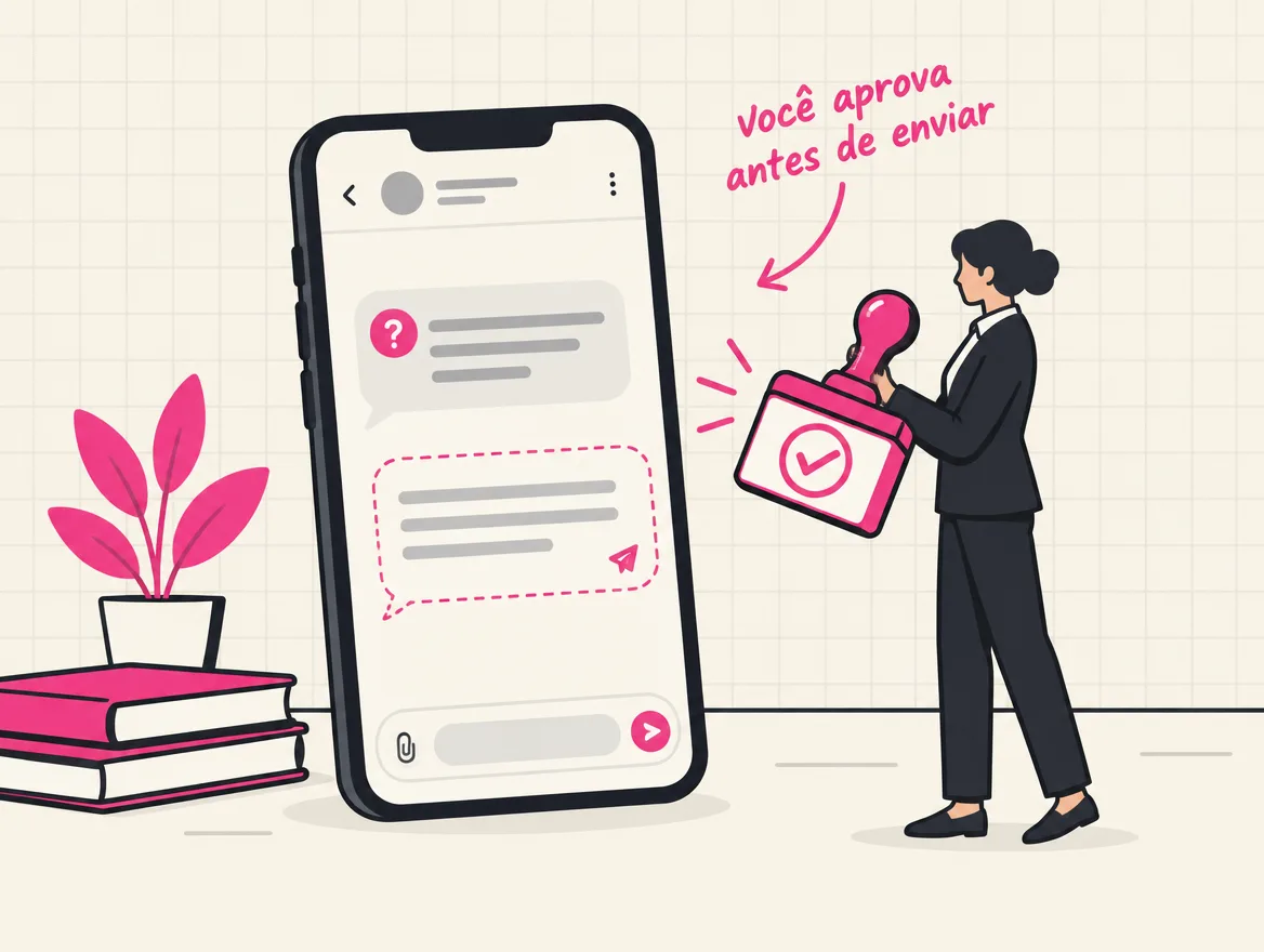 Celular com a pergunta do cliente e a resposta em rascunho, ao lado da advogada com o carimbo de aprovado