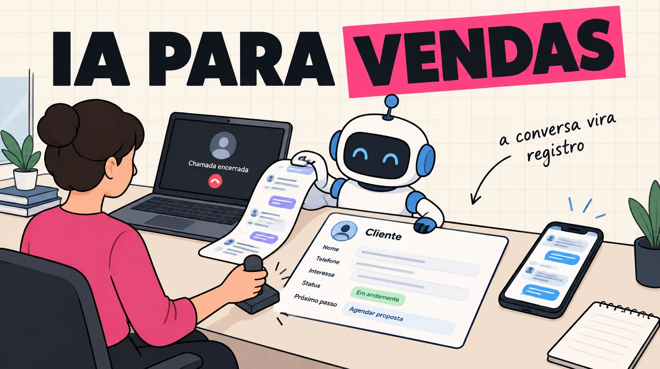 Pessoa sai de uma chamada de vídeo enquanto um robô passa a conversa a limpo numa ficha de cliente