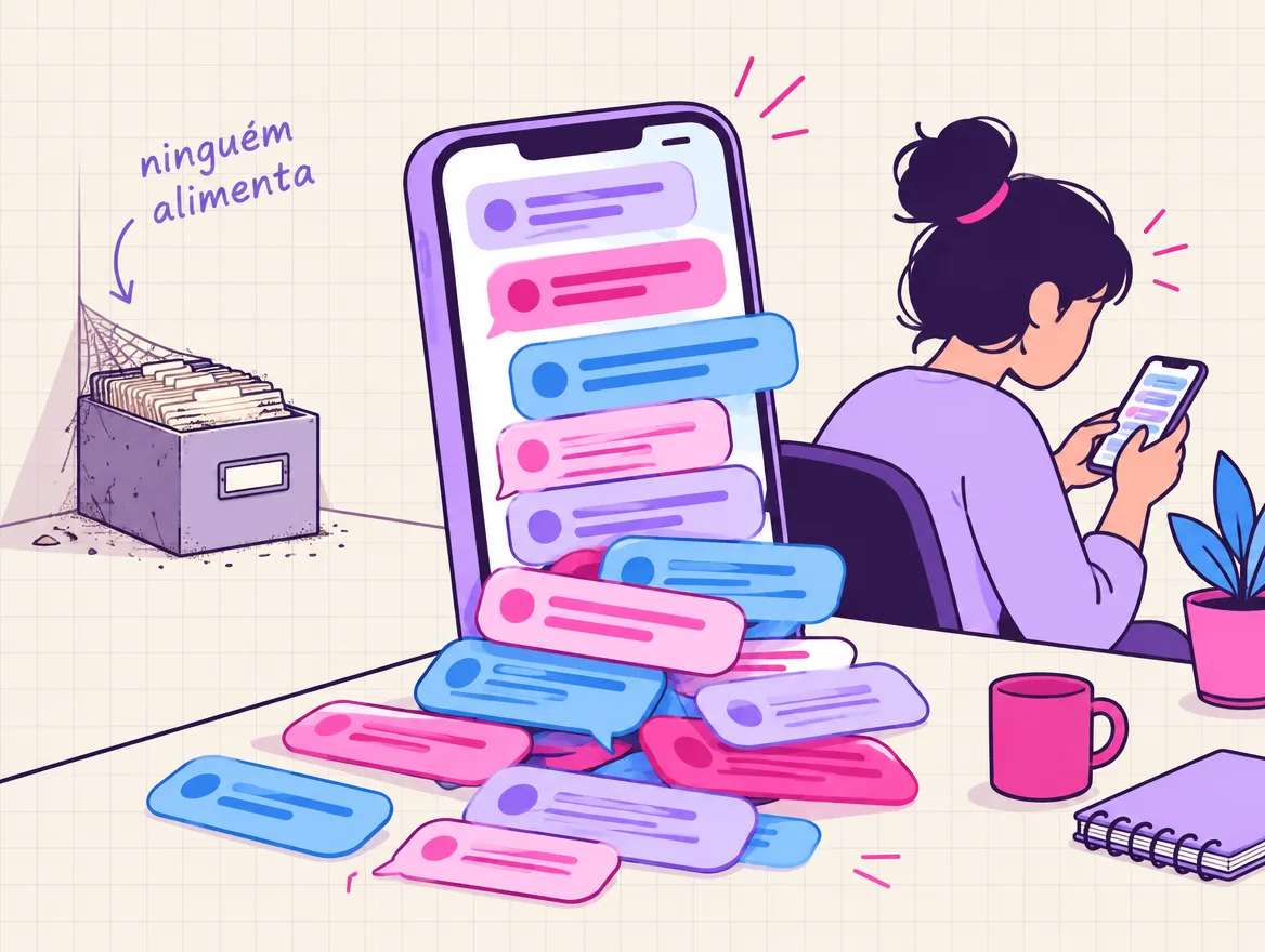 Fichário de clientes empoeirado num canto enquanto as conversas se empilham num celular cheio de balões de mensagem