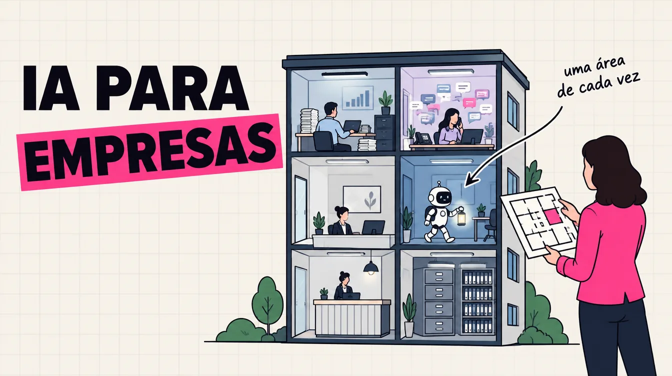 Prédio de escritório em corte: um robô com lanterna entra numa sala só, e a dona da empresa segura a planta do prédio