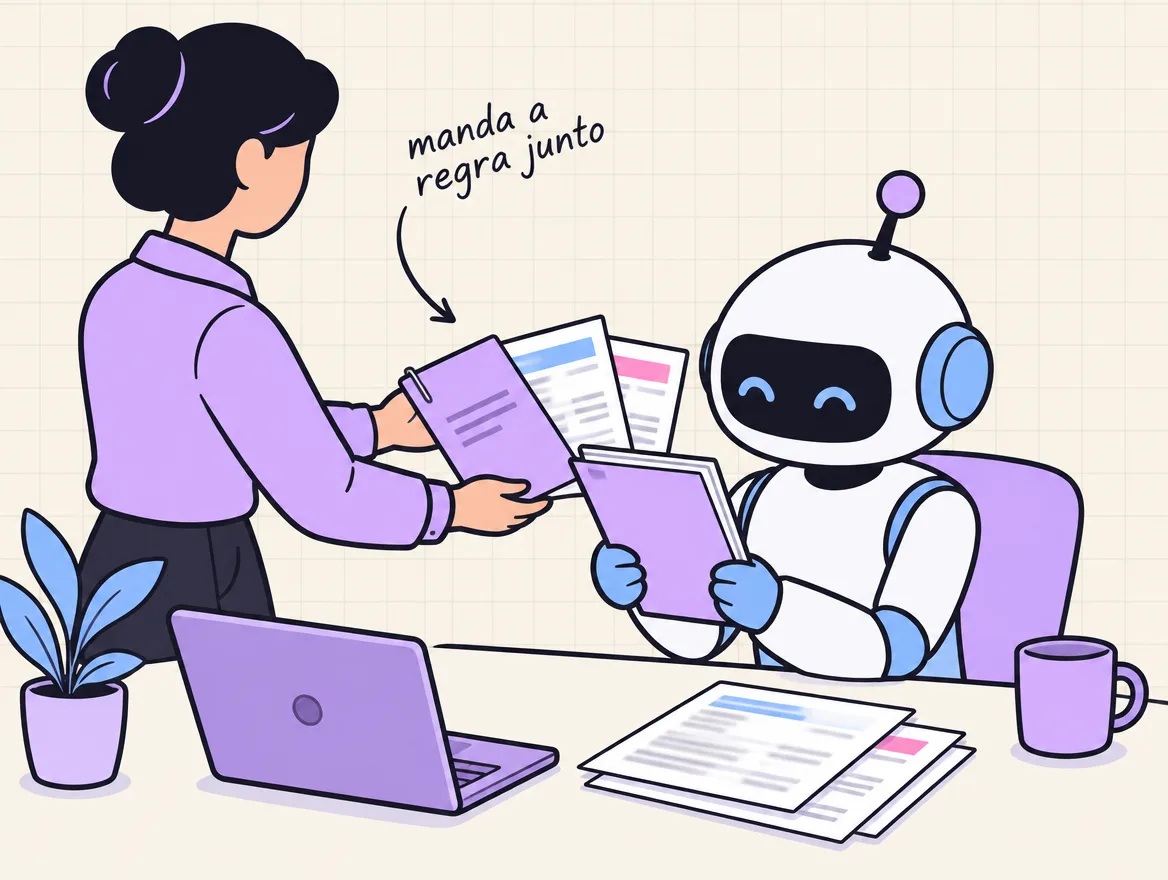 Pessoa entrega a um robô uma folha de regras grampeada junto com exemplos de documentos