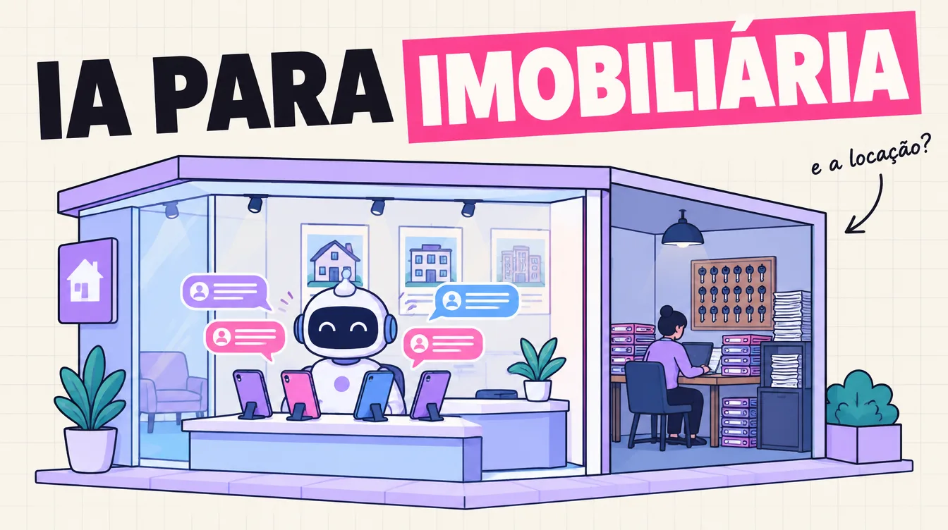 Imobiliária em corte: na vitrine um robô atende celulares, nos fundos uma pessoa sozinha entre pastas, chaves e boletos