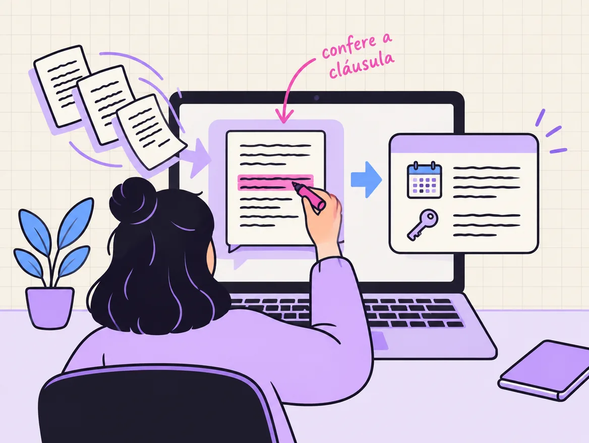 Páginas de um contrato entram numa janela de conversa e saem como um cartão arrumado com datas; uma pessoa marca uma cláusula