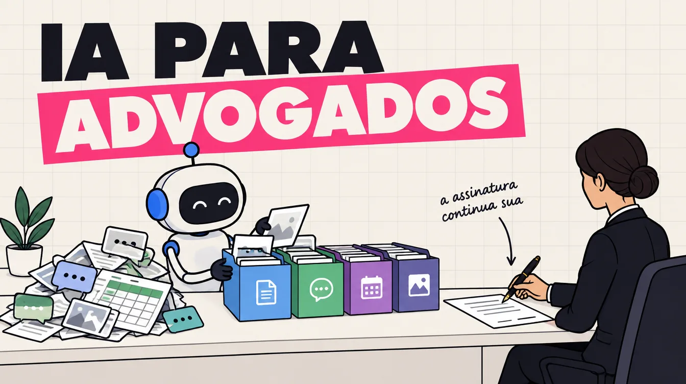 Robô separa documentos, mensagens e prazos do escritório em pastas enquanto a advogada segura a caneta para assinar
