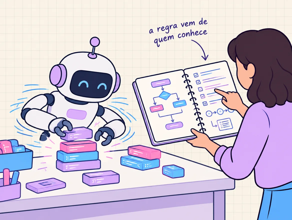 Robô monta blocos de código rápido numa bancada enquanto uma pessoa segura o caderno com as regras da operação