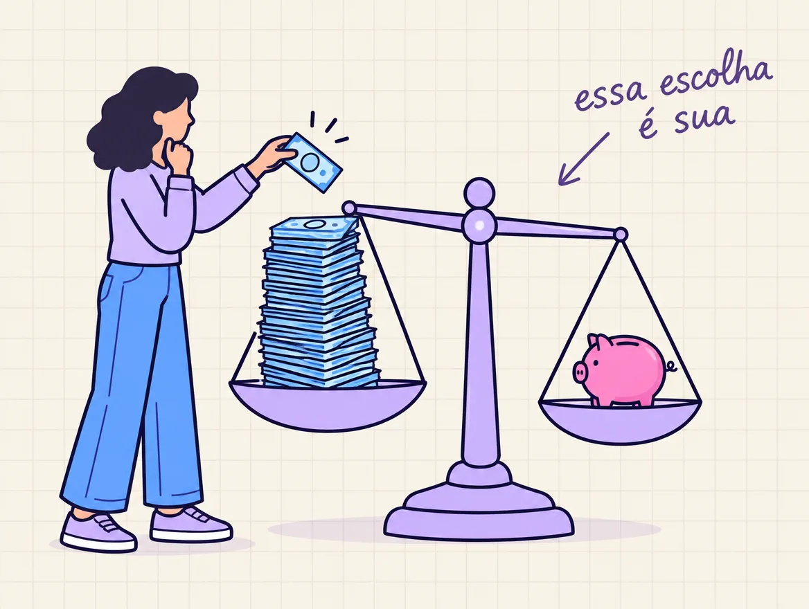 Pessoa tira uma cédula da pilha numa balança, com o cofrinho do caixa do outro lado, decidindo o que sai primeiro
