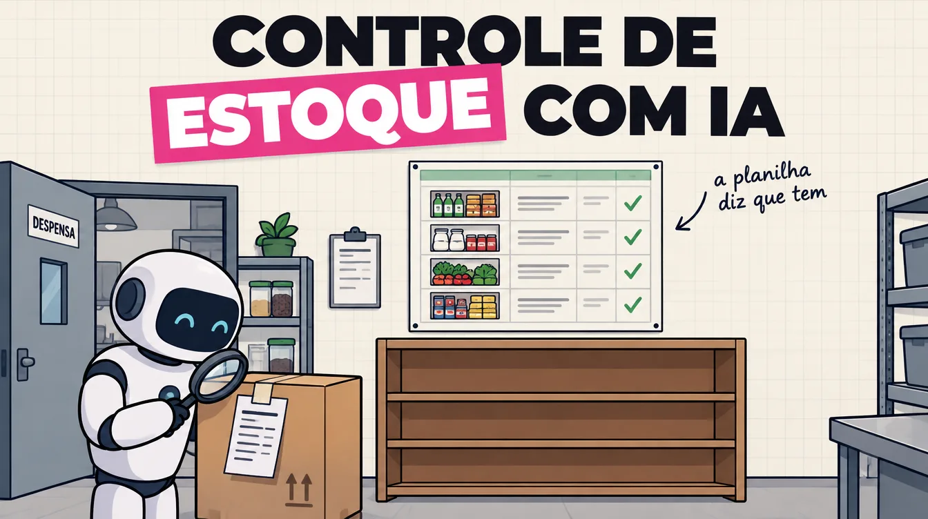 Despensa com a planilha na parede dizendo que tem queijo e a prateleira vazia, enquanto um robô lê a nota na porta