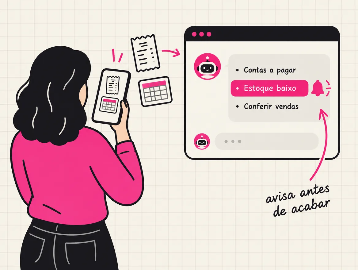 Pessoa manda a nota e a planilha para a conversa, que devolve a lista com o estoque baixo destacado