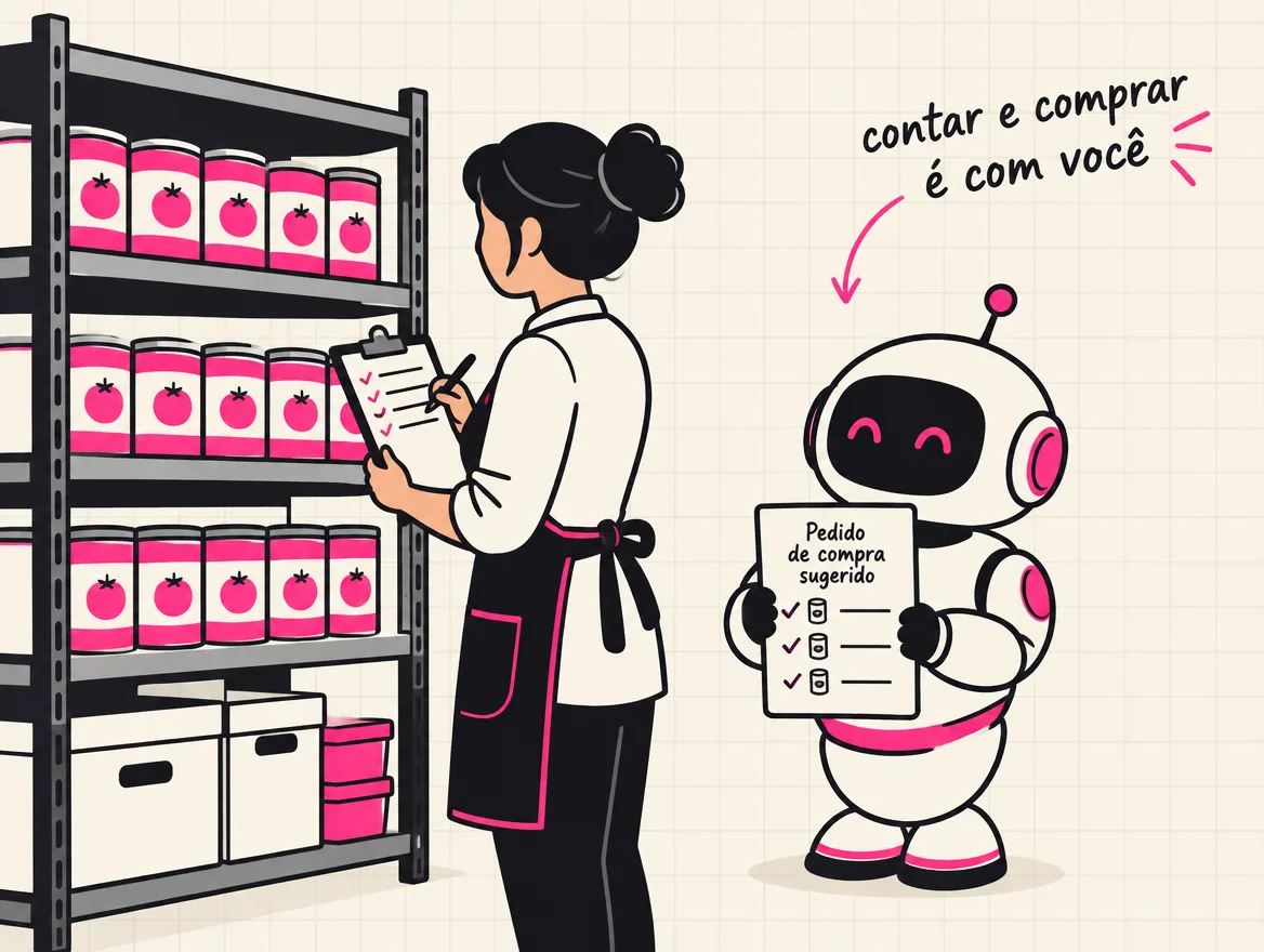 Cozinheira conta latas na prateleira enquanto o robô espera ao lado com a sugestão de pedido