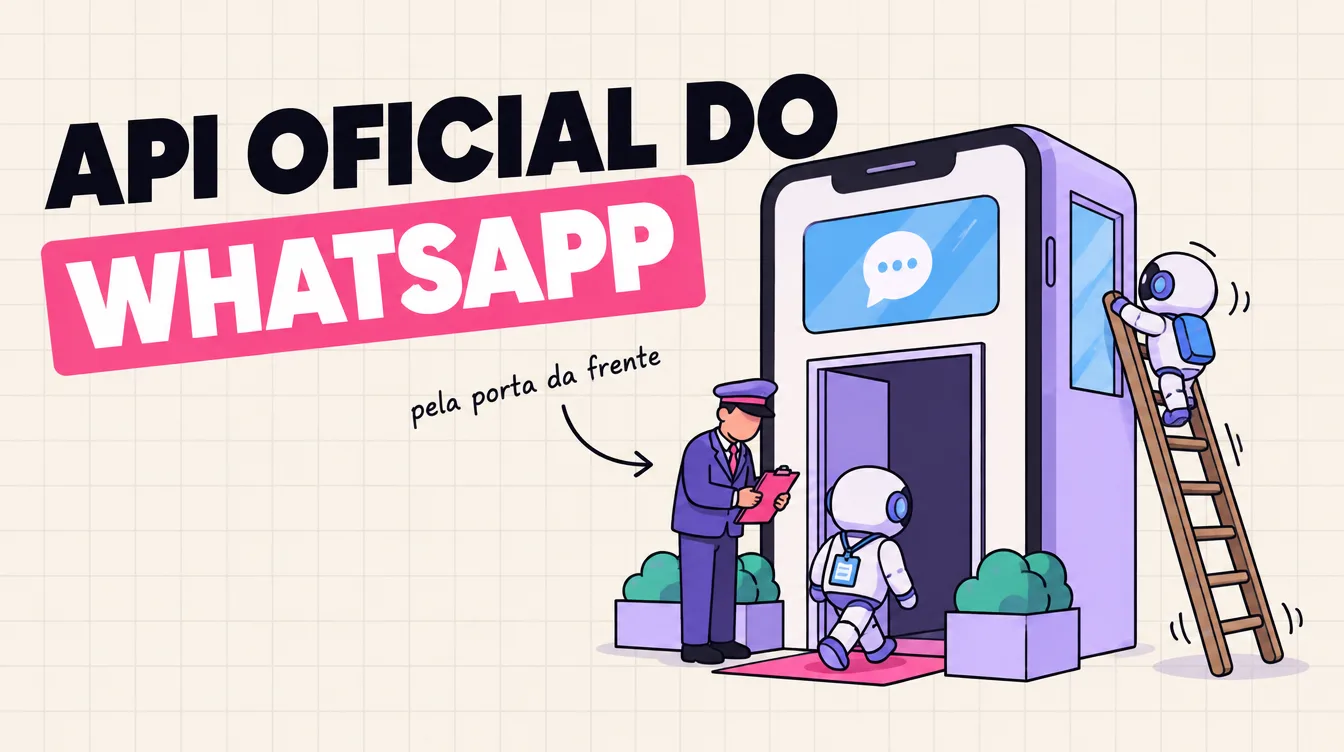 Robozinho com crachá entra pela porta da frente de um celular gigante, enquanto outro sobe por uma escada bamba na janela