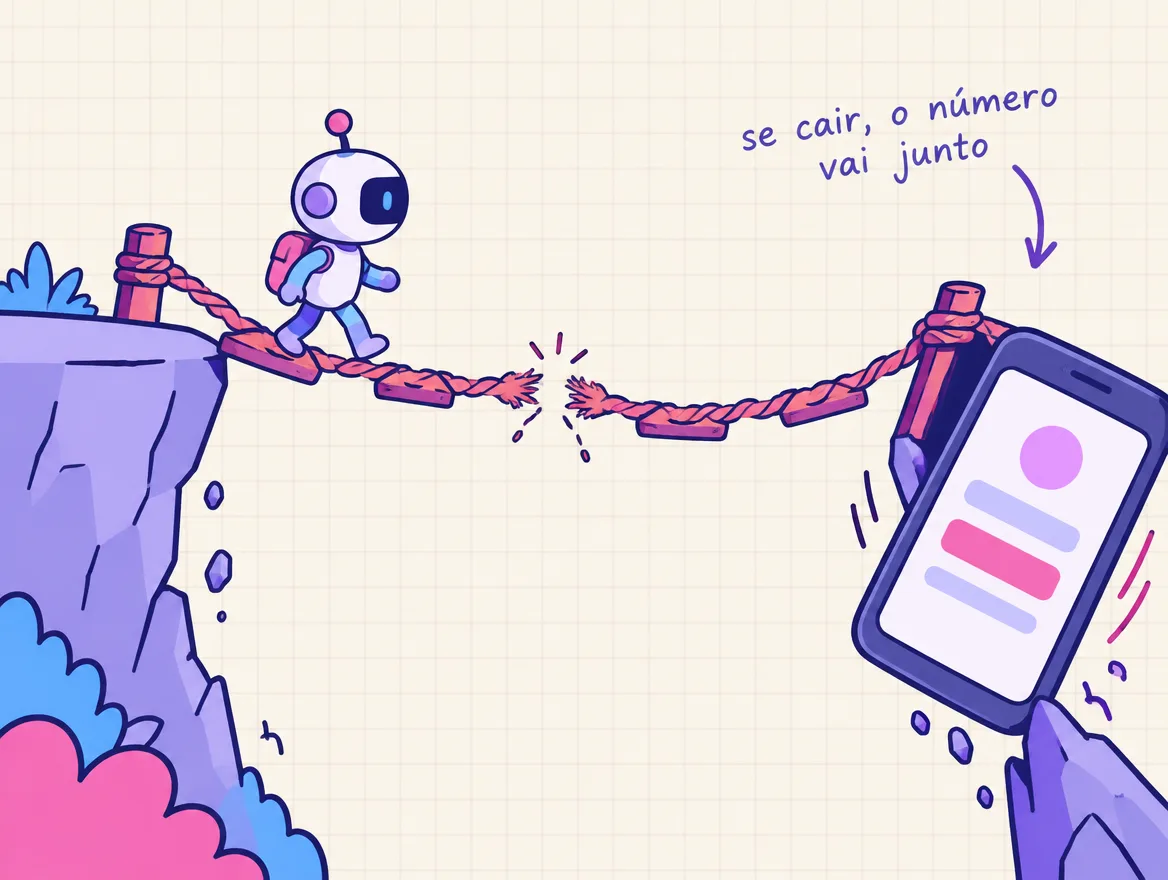 Robozinho atravessa uma ponte de corda desfiando até um celular, que começa a escorregar junto com a ponte