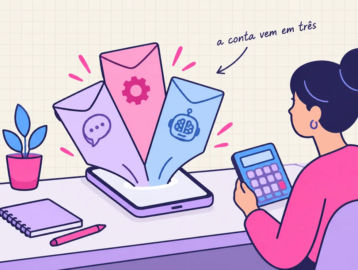 Três envelopes de conta saem de um celular sobre a mesa, um de mensagem, um de plataforma e um de IA