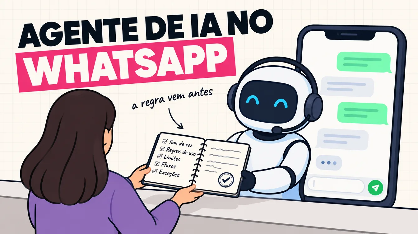 Pessoa entrega um caderno de regras a um robozinho de fone no balcão de um celular gigante, antes de ele começar a atender