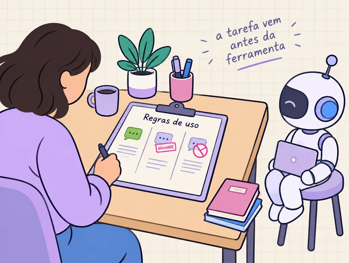 Pessoa escreve uma ficha de regras numa prancheta enquanto um robozinho espera sentado, com o notebook fechado no colo