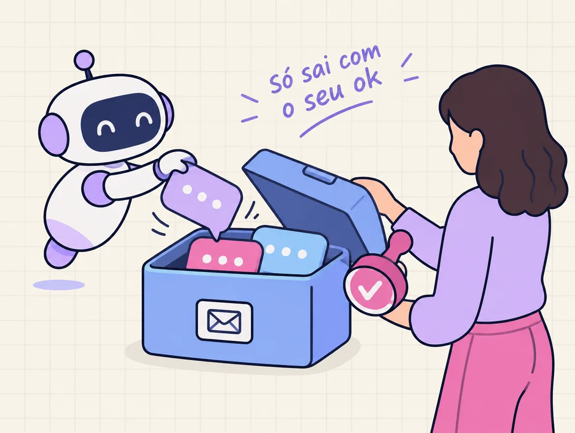 Robozinho deixa balões de mensagem numa caixa de saída com tampa; uma pessoa ao lado segura o carimbo de ok e abre a tampa