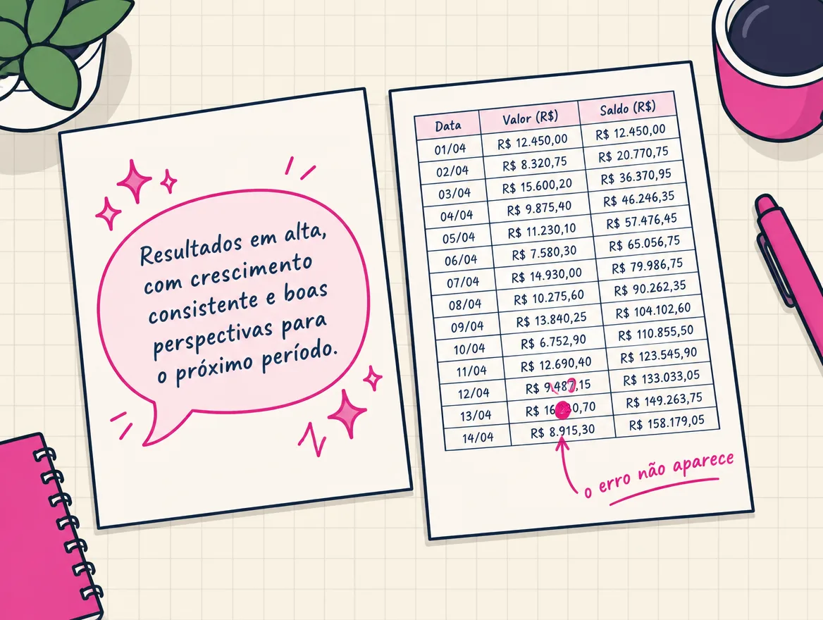 Resumo bonito ao lado de uma tabela de valores com um dígito trocado circulado, sem ninguém olhando