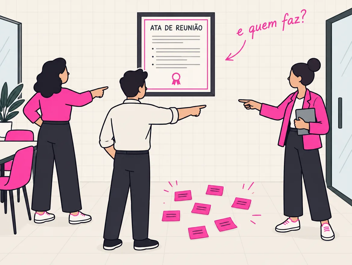 Ata impecável emoldurada na parede e, no chão, tarefas soltas sem nome, com três colegas apontando para lados diferentes