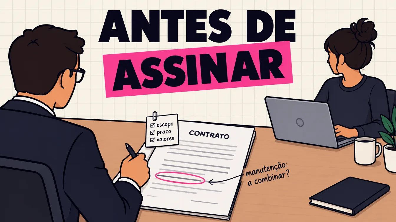 Dono de empresa com a caneta sobre o contrato, a lista de perguntas no clipe e a linha da manutenção circulada