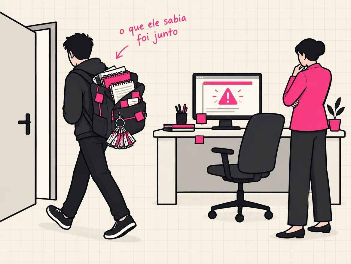 Programador sai pela porta com a mochila cheia de anotações e senhas enquanto o sistema pisca um alerta na tela