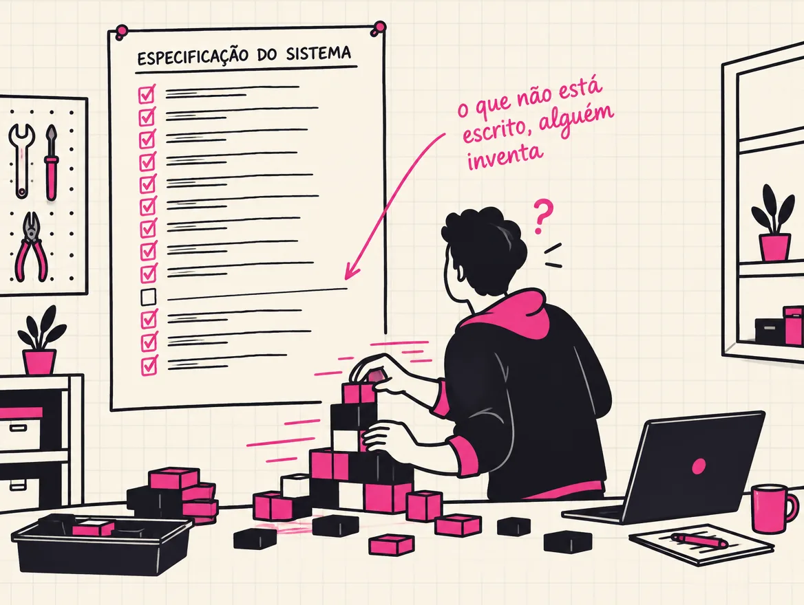 Programador monta o sistema rápido seguindo a especificação na parede e para diante de uma linha em branco