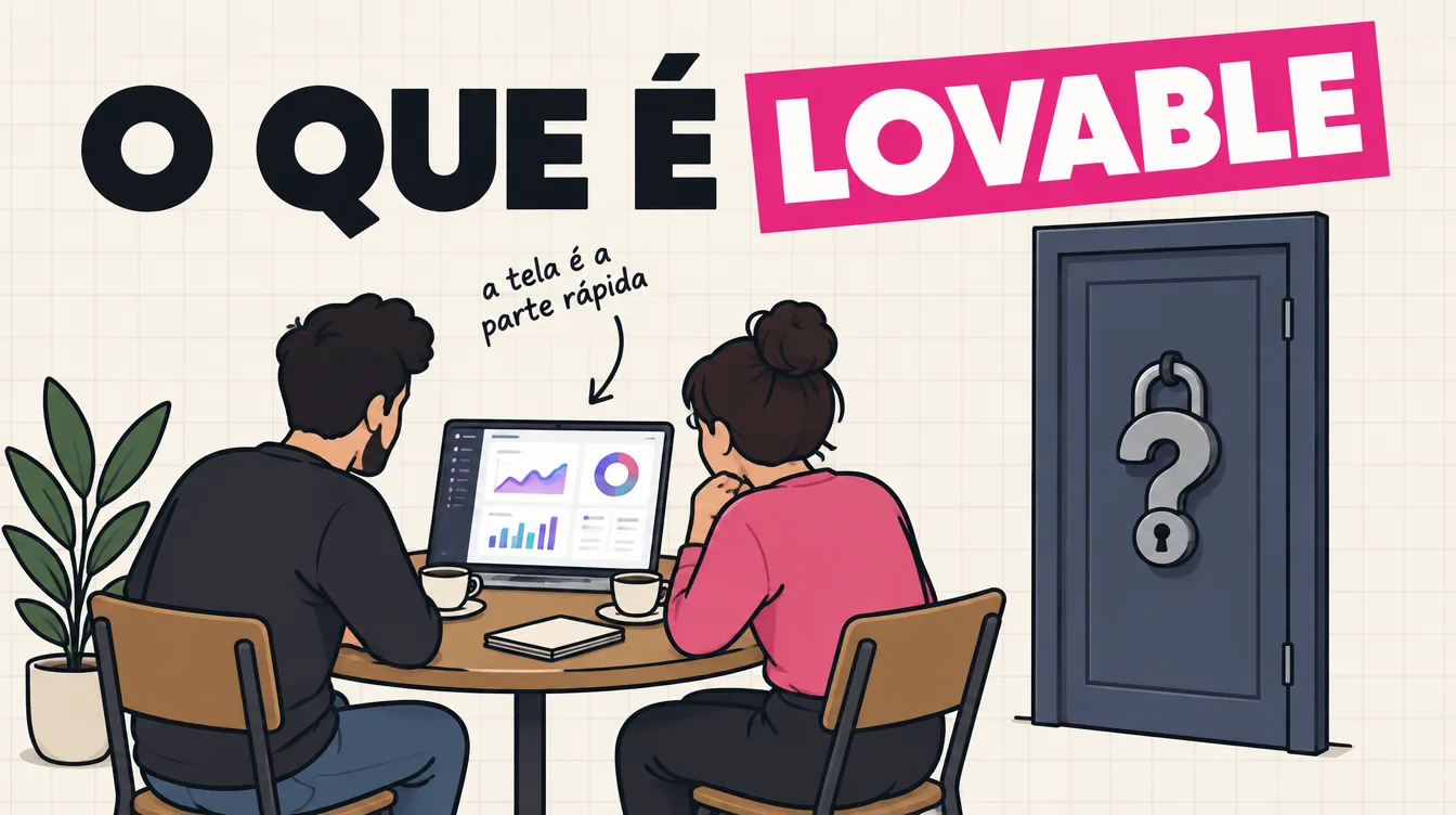 Dois sócios olham num notebook um app pronto; ao lado, uma porta trancada com um cadeado em forma de interrogação