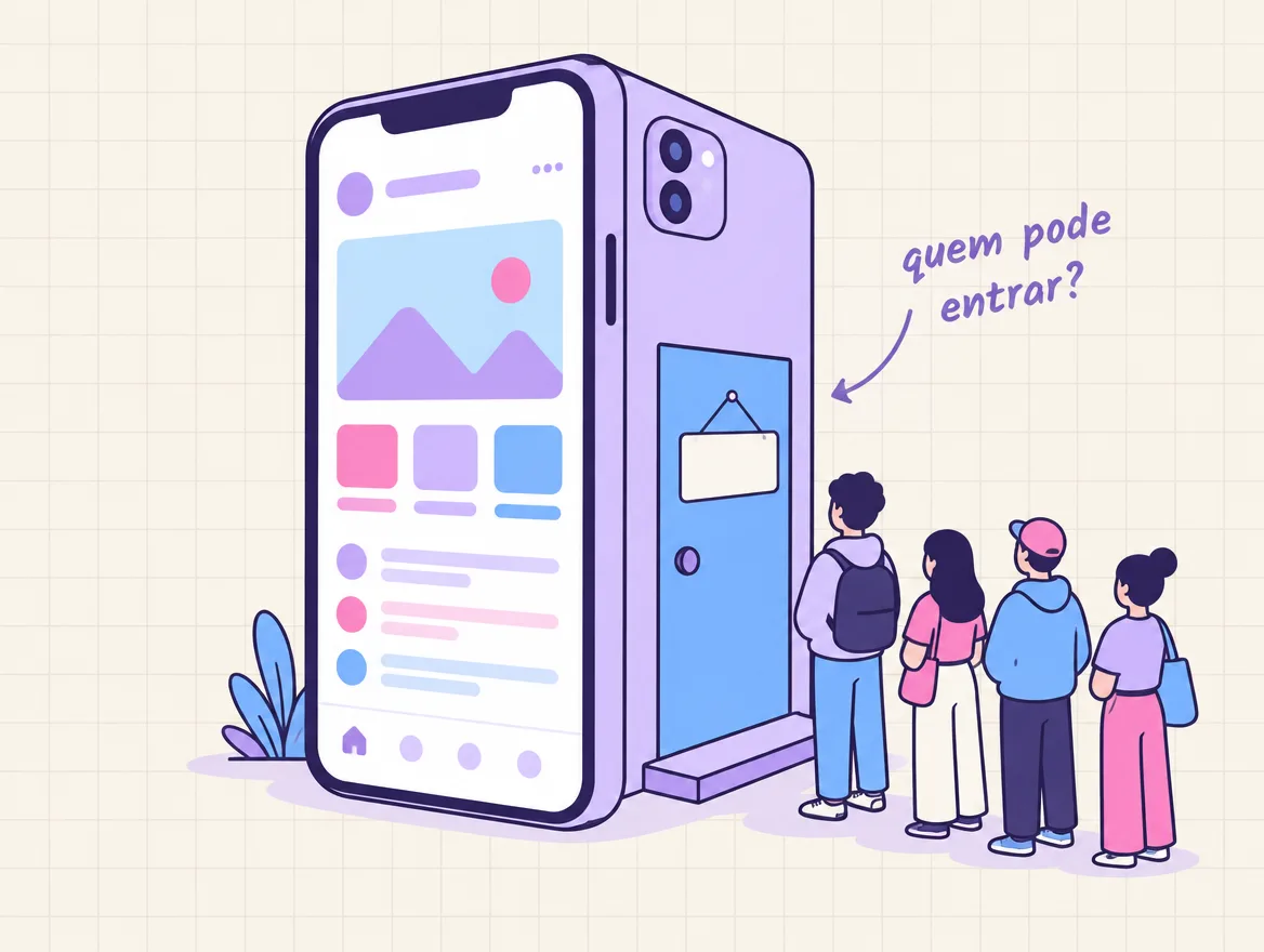 Celular gigante com um app aberto; na lateral, uma porta com a placa em branco e gente esperando para entrar