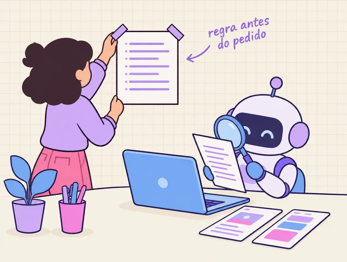 Pessoa cola na parede a folha de regras do app enquanto um robô lê a mesma folha com lupa antes de montar as telas