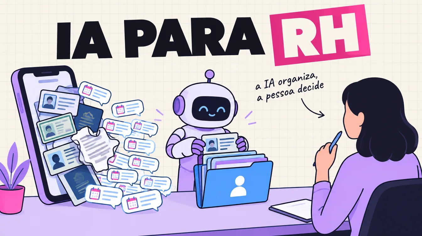 Robô organiza numa pasta os documentos e mensagens que chegam do celular; a pessoa do RH segura a caneta para decidir
