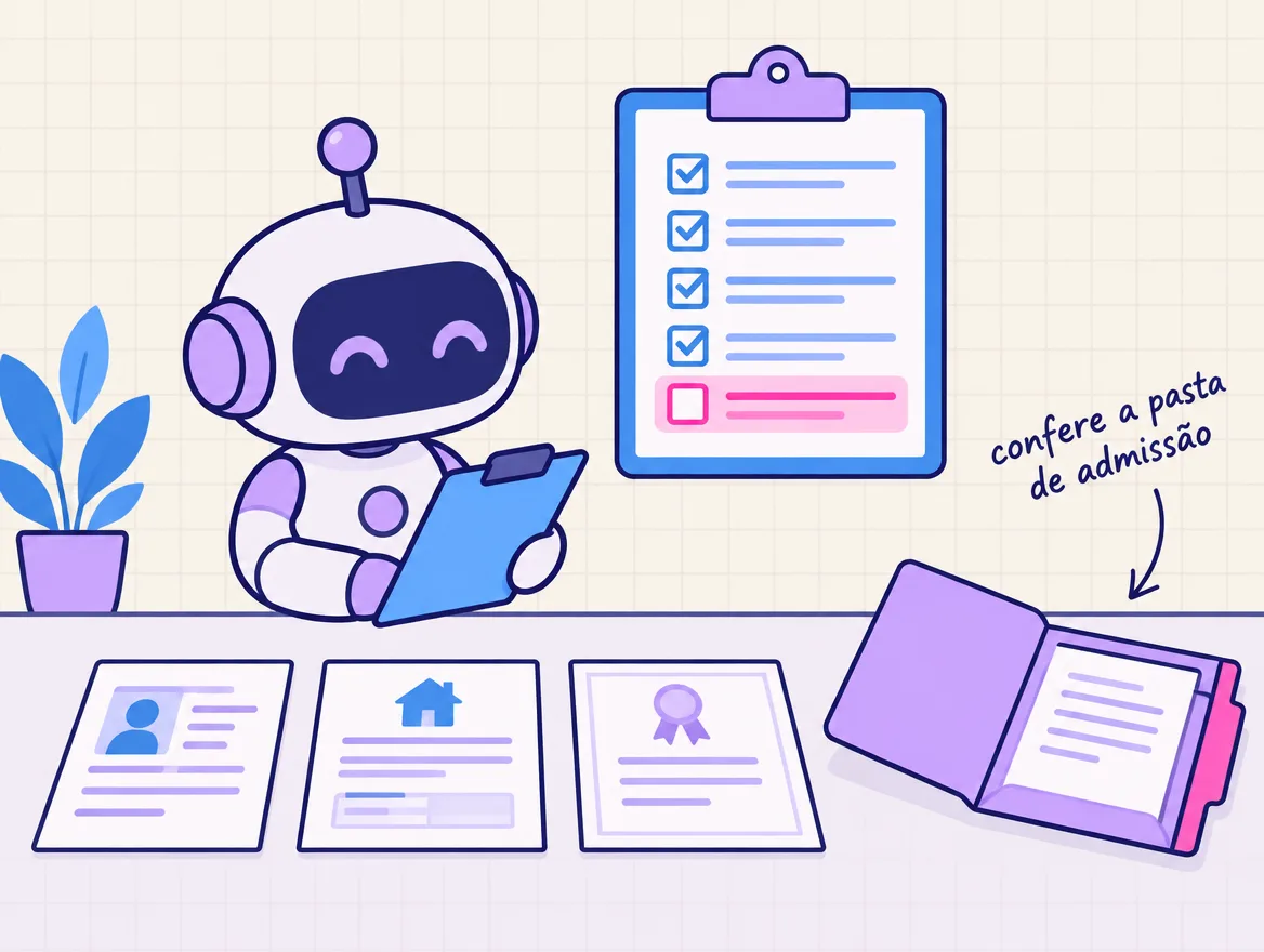 Robô confere documentos de admissão contra um checklist e marca em rosa o item que falta