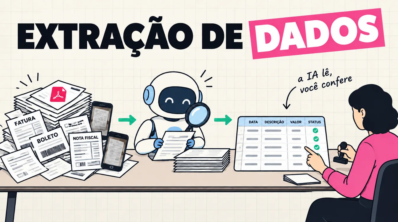 Robô com lupa lê uma pilha de notas, boletos e fotos de documento e solta uma tabela, que uma pessoa confere com o dedo