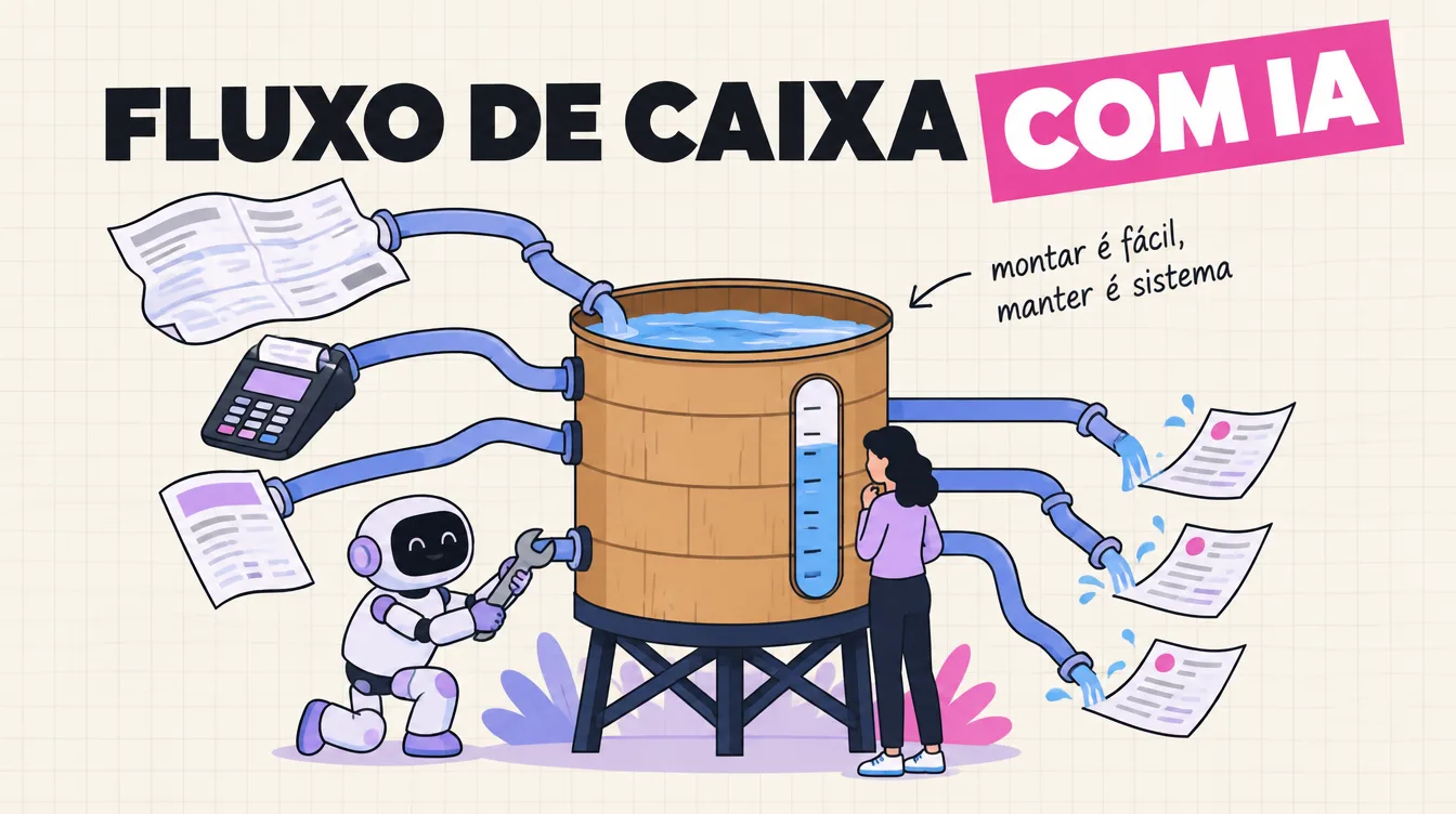Caixa d'água recebe canos do extrato e da maquininha; um robô liga os canos e uma pessoa lê o nível na lateral