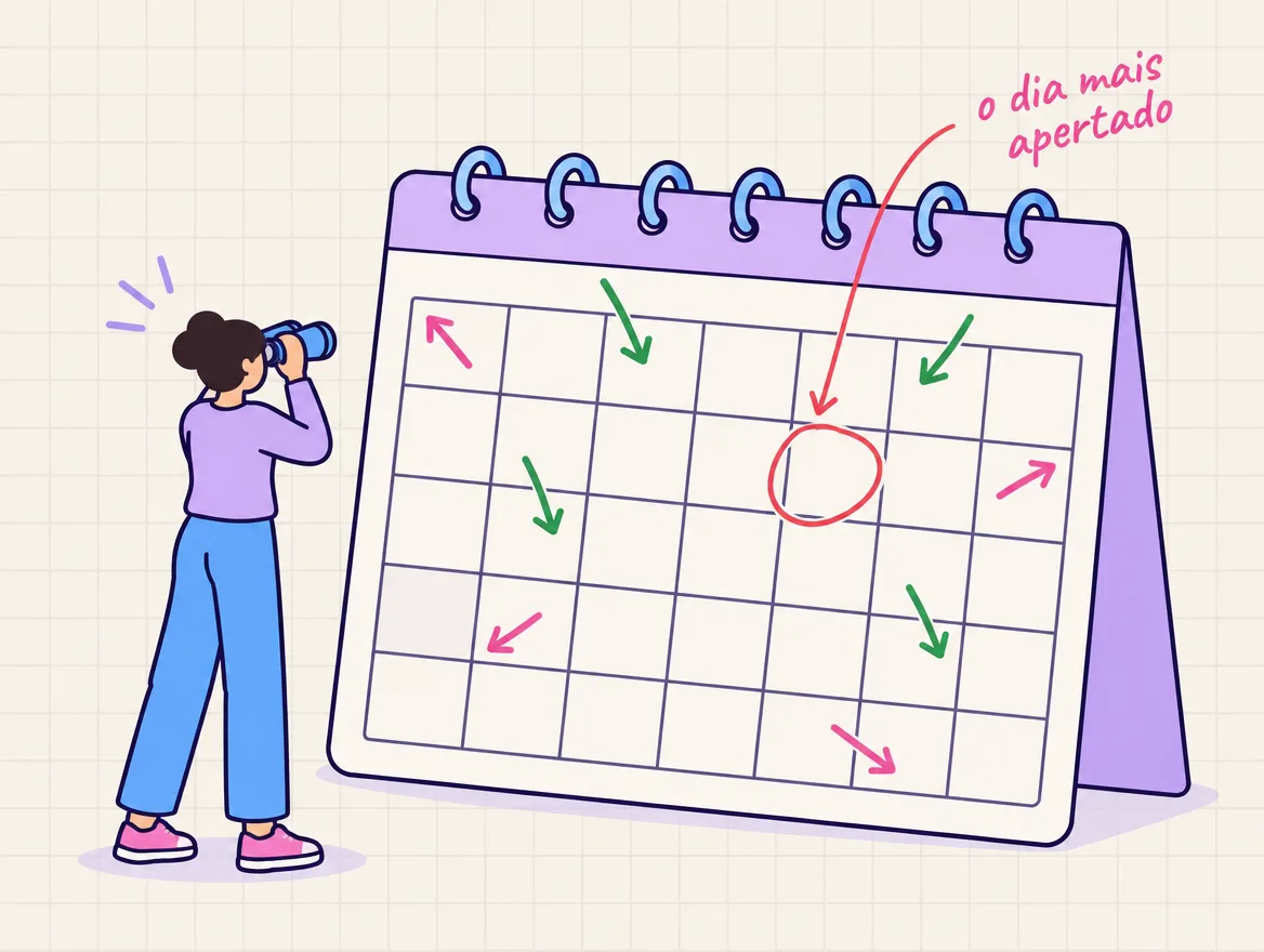 Pessoa de binóculo olha um calendário de parede com setas de entrada e saída e um dia circulado em vermelho