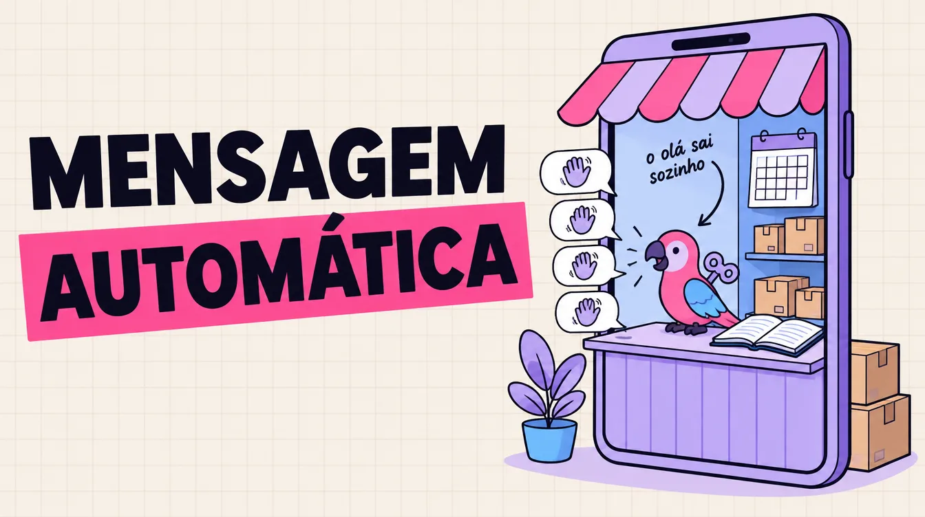 Papagaio de corda no balcão de um celular gigante repete a mesma frase, de costas para as caixas de pedido e a agenda