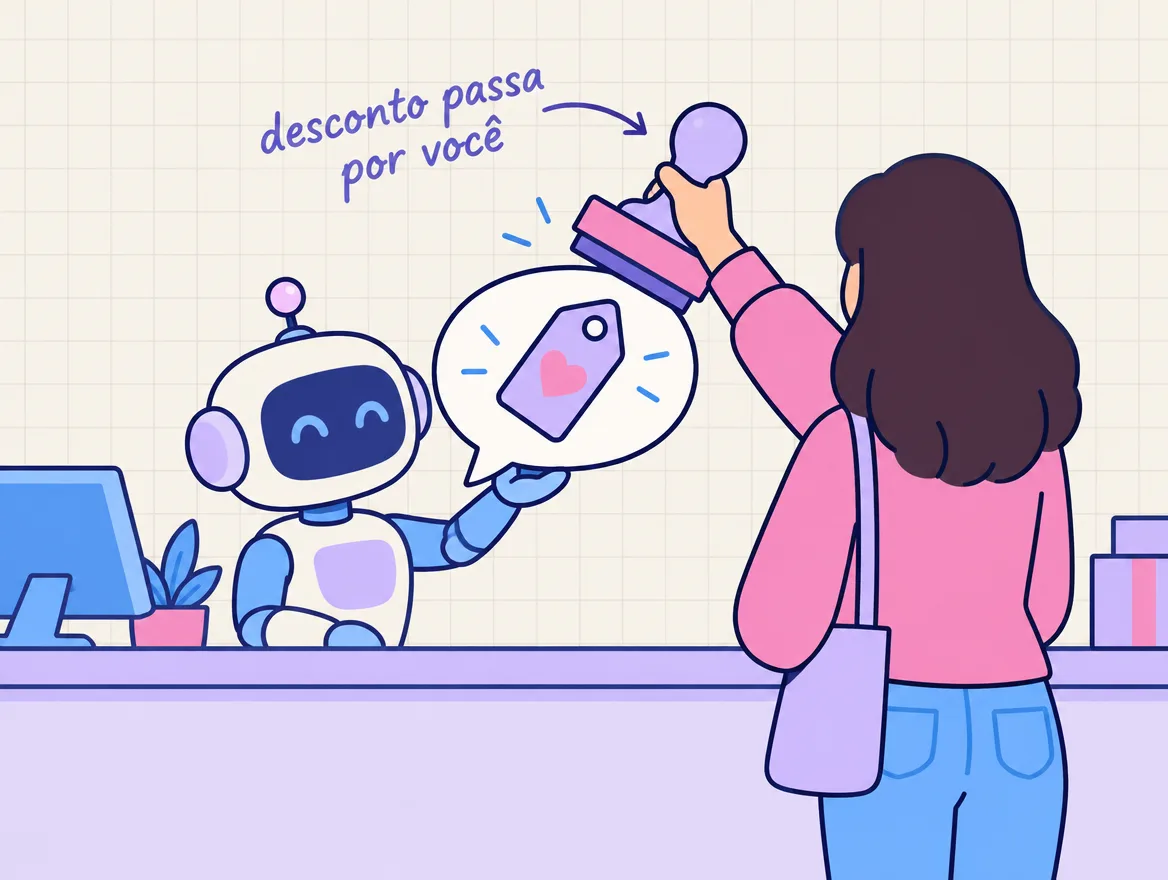 Robozinho no balcão estende um balão com etiqueta de preço, e uma pessoa ergue o carimbo antes de ele sair